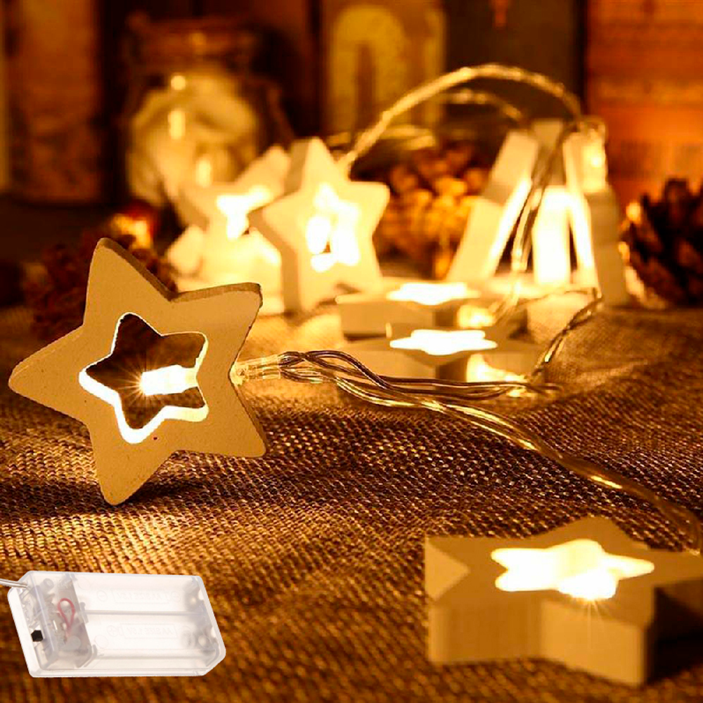 Luces LED a Pilas - Estrellas de Navidad de Madera